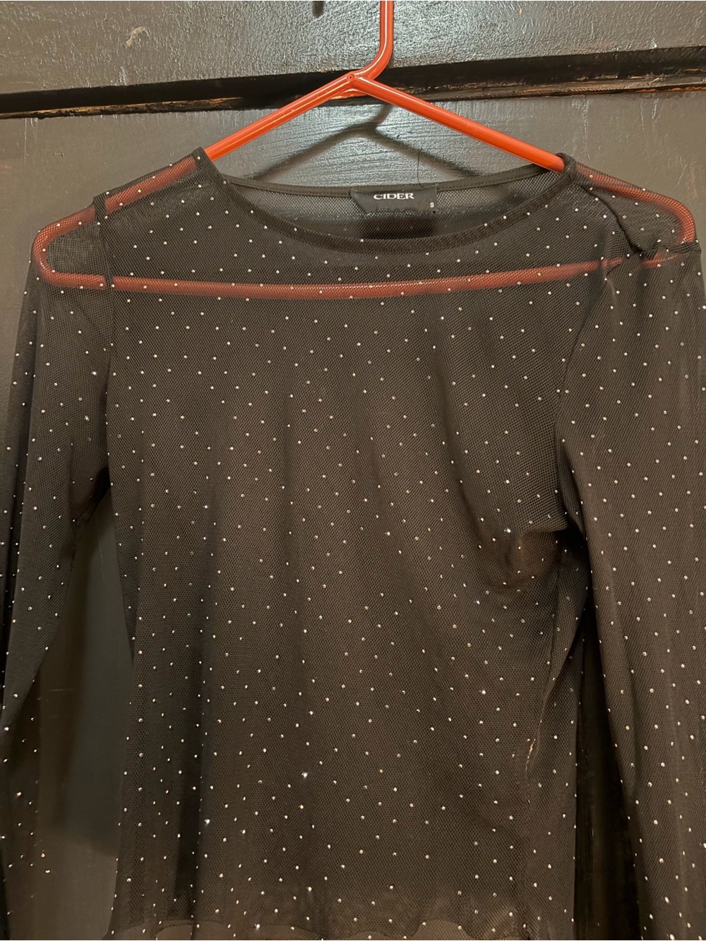 Cider Black Sheer Mesh Long-Sleeve Top with Rhinestone Dots